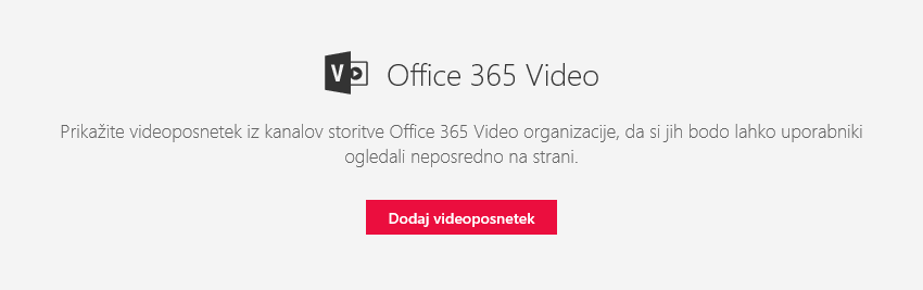 Posnetek zaslona s pogovornim oknom za dodajanje videoposnetka v storitvi Office 365 v SharePointu.