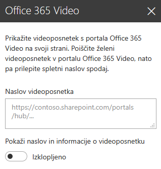 Posnetek zaslona s pogovornim oknom za naslov videoposnetka v storitvi Office 365 v SharePointu.