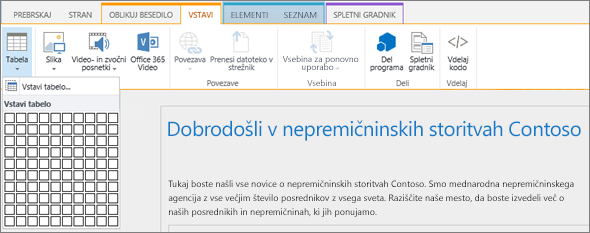 Posnetek zaslona, na katerem je prikazan trak v storitvi SharePoint Online. Izberite zavihek Vstavljanje in nato Vstavi tabelo, da določite število vrstic in stolpcev za novo tabelo.