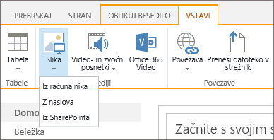 Posnetek zaslona s trakom v storitvi SharePoint Online. Izberite zavihek »Vstavljanje« in nato »Slika«, da izberete, ali želite prenesti sliko iz računalnika, spletnega naslova ali SharePointovega mesta.