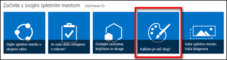 Novo ustvarjeno mesto v SharePoint Onlineu, na katerem so prikazane ploščice, ki jih lahko kliknete in nadalje prilagodite mesto