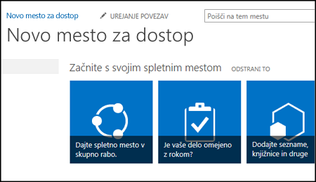 Posnetek zaslona novega SharePointovega mesta, na katerem so prikazane ploščice, ki se uporabljajo za prilagajanje mesta