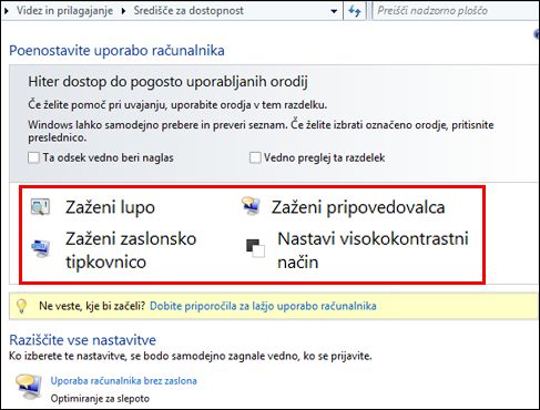 Pogovorno okno Središča za dostopnost v sistemu Windows, kjer lahko izberete različne pomoči za pomoč uporabnikom s posebnimi potrebami