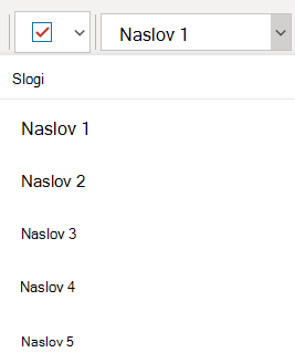 Meni »Slogi«, ki prikazuje različne sloge naslovov v OneNotu za Windows 10.