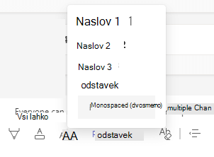 Gumb in seznam Slogi v aplikaciji Microsoft Teams.