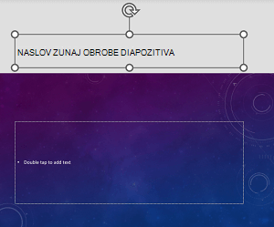 Primer označbe mesta naslova, postavljene zunaj obrob diapozitiva v PowerPoint za Android.