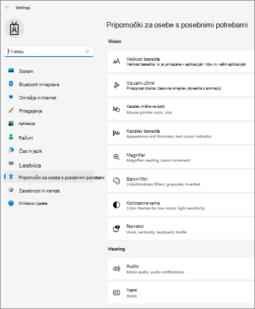 Nastavitve pripomočkov za osebe s posebnimi potrebami v sistemu Windows 11