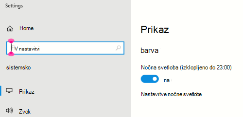 Možnost nočne svetlobe sistema Windows, izbrana v nastavitvah zaslona.