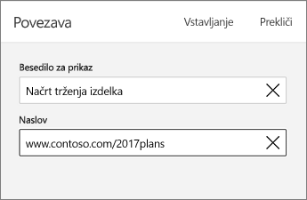 Ukaz »Povezava« s prikazom besedila za prikaz in naslova