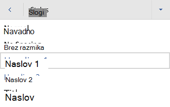 Meni »Slogi naslovov« Word za Android