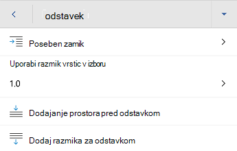 Meni za oblikovanje odstavkov v Word za Android