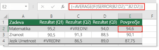 Dodajanje polj funkciji AVERAGE za odpravljanje napake #VALUE!