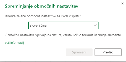 Pogovorno okno Spreminjanje nastavitev področne oblike zapisa