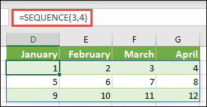 Ustvarite konstanto polja s 3 vrsticami in 4 stolpci z =SEQUENCE(3,4)