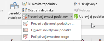 Meni »Preverjanje veljavnosti podatkov«