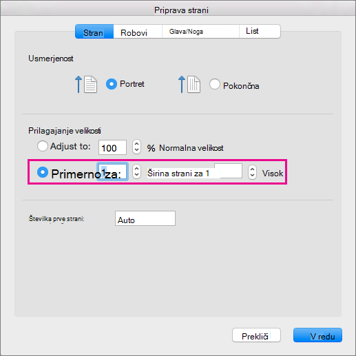 Page Setup dialog box, with Fit to selected
