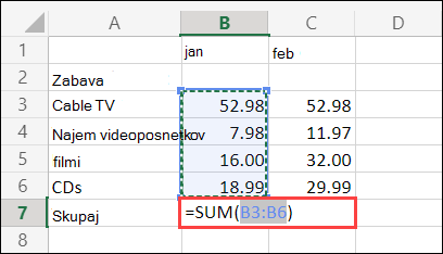 Celica »Samodejna vsota« v Excelu za splet
