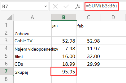 Formula samodejne vsote v Excelu za splet
