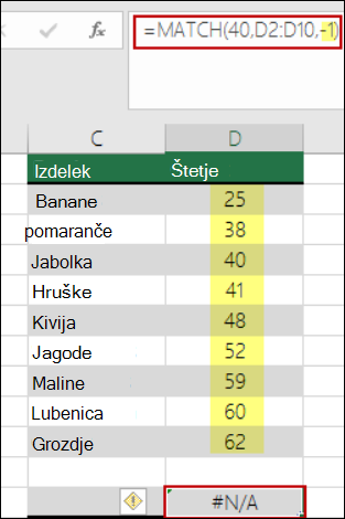 Excelova funkcija ujemanja