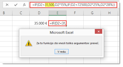 Excelovo sporočilo, ko vrednosti dodate vejico.