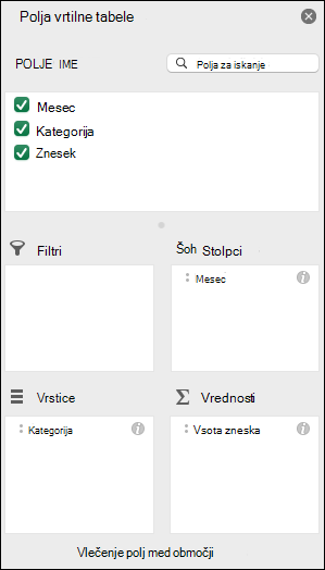 Primer pogovornega okna s seznamom polj Excelove vrtilne tabele