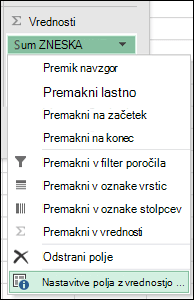 Pogovorno okno z nastavitvami Excelovega polja z vrednostmi