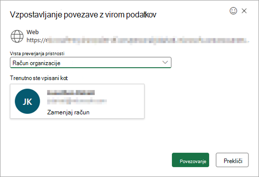 Prikaže okno Vzpostavi povezavo z virom podatkov s spustnim seznamom za izbiro vrste preverjanja pristnosti.