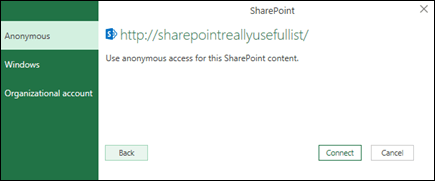 Pogovorno okno »Vzpostavljanje povezave med dodatkom Power Query za Excel in SharePointovim seznamom«
