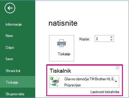 V spustnem meniju »Tiskalnik« izberite tiskalnik, ki ga želite uporabiti.