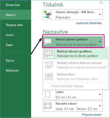V spustnem meniju »Nastavitve« izberite, kaj želite natisniti.