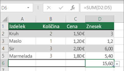 Primer funkcije SUM z imenovanim obsegom