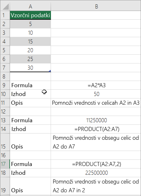 Množenje števil s funkcijo PRODUCT