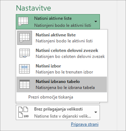 Tiskanje izbrane tabele