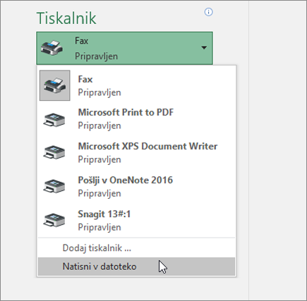 Možnost Tiskanje v datoteko