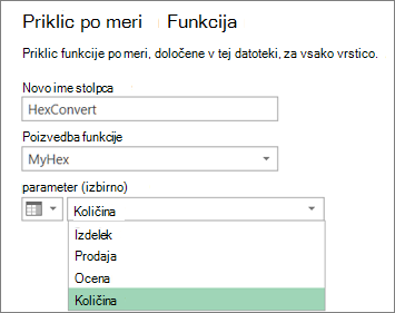 Pogovorno okno »Priklic funkcije po meri«