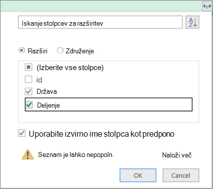 razširitev strukturirane tabele v tabelo poizvedbe