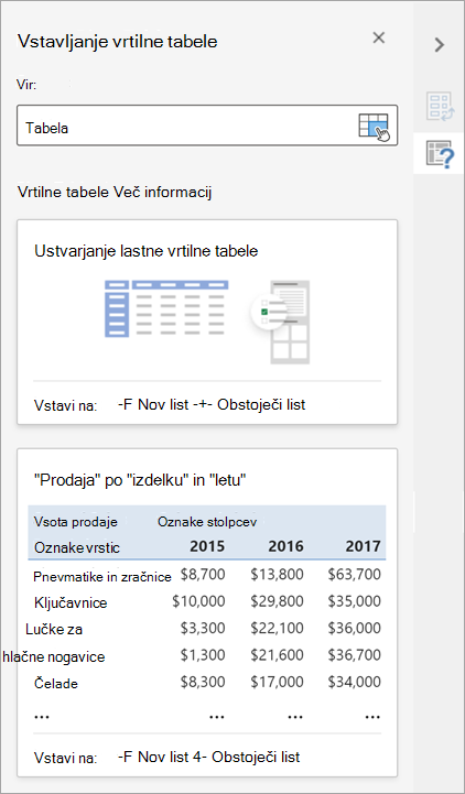 V podoknu »Vstavi vrtilno tabelo« lahko nastavite izvor, cilj in druge vidike vrtilne tabele.