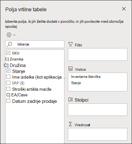 Polja vrtilne tabele v Excelu za splet