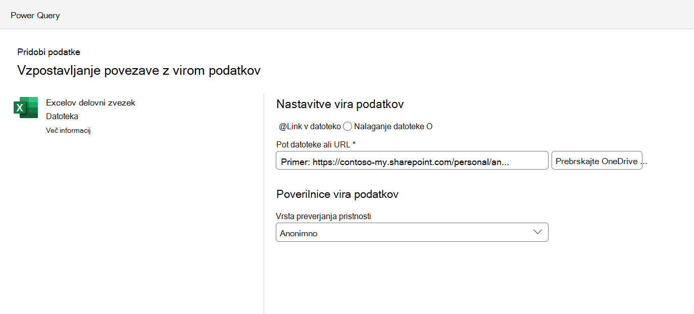 meni z nastavitvami povezave vira podatkov,