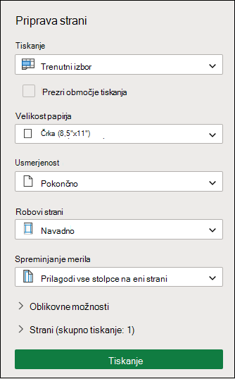 Tiskanje trenutnega izbora v Excelu za splet