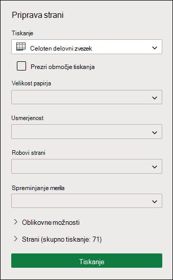 Tiskanje celotnega delovnega zvezka v Excelu za splet