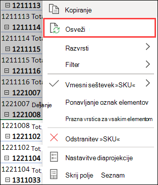 Osvežitev vrtilne tabele
