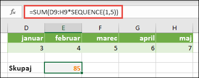 Uporaba konstant polj v formulah. V tem primeru smo uporabili =SUM(D9:H(*SEQUENCE(1,5))