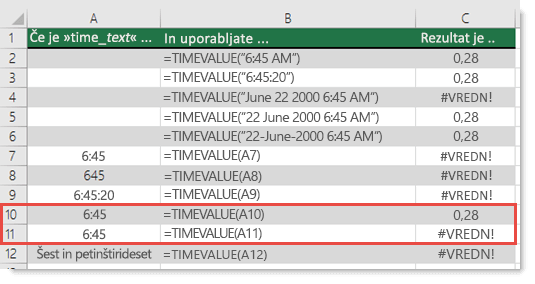 Izhod različnih funkcij TIMEVALUE
