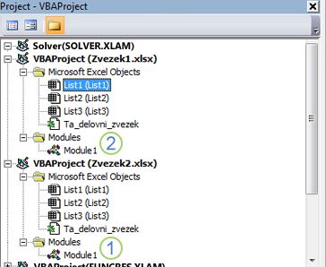 Podokno raziskovalca projekta VBA, ki prikazuje drevesa projektov za VBAProject Book1.xlsm in VBAProject Book2.xlsm. Številka 1 označi »Modul1« pod mapo »Moduli2.xlsm« in številka 2 označi mapo »Moduli« pod Zvezek1.xlsm, kar pomeni, kam povlečete modul, ki ga želite kopirati.