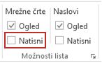 Skupina »Možnosti lista« na zavihku »Postavitev strani«