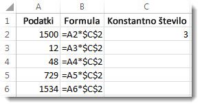 Številke v stolpcu A, formula v stolpcu B z znaki $ in številka 3 v stolpcu C