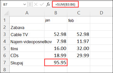 Rezultat možnosti »Samodejna vsota« v celici B7