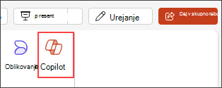 Posnetek zaslona gumba funkcije Copilot v meniju traku aplikacije PowerPoint
