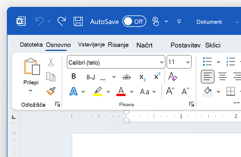 Posnetek zaslona zgornjega levega kota programa Word v barviti temi.